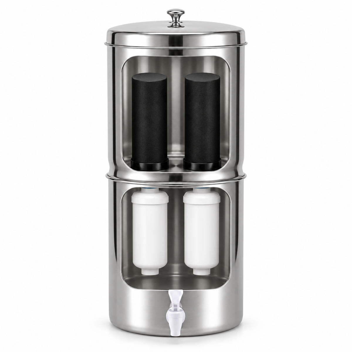 Inside the Purroa Fluoride Edition: carbon cartridges above, fluoride filters below