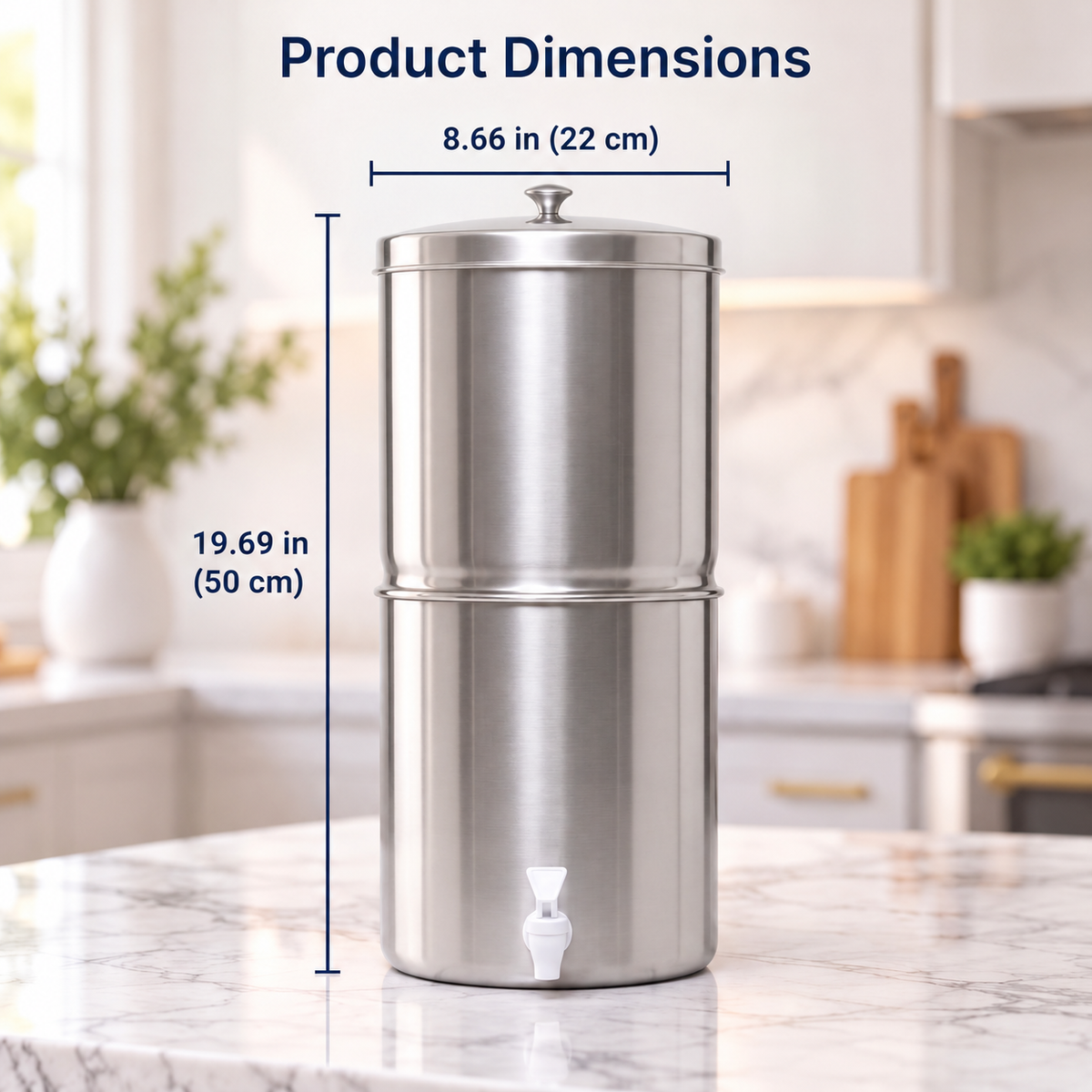 Purroa countertop water filter dimensions: 8.66 in wide, 19.69 in tall