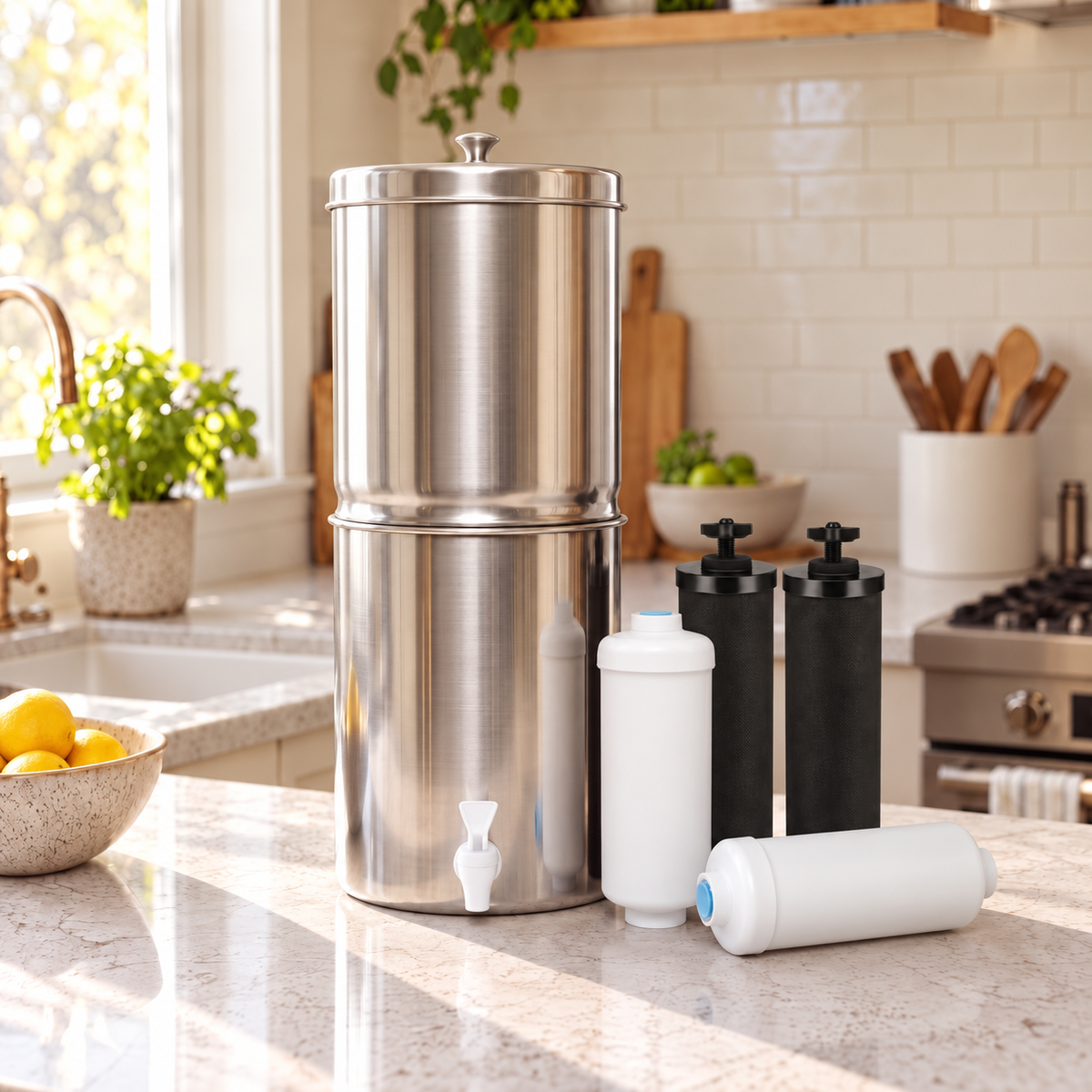 Purroa filter with replacement carbon and fluoride filters in a kitchen