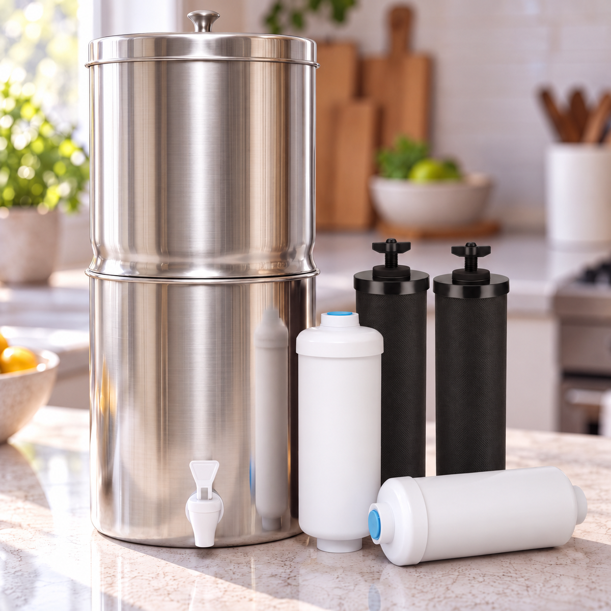 Purroa filter with carbon cartridges and fluoride filters on a kitchen counter