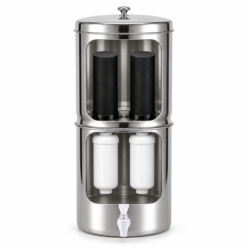 Inside the Purroa Fluoride Edition: carbon cartridges above, fluoride filters below