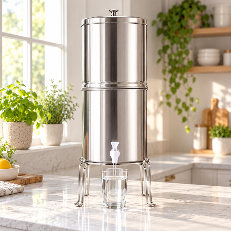 Purroa water filter on its stainless steel stand with a glass under the spigot