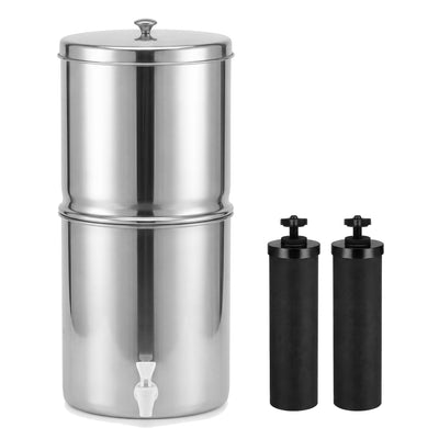 Purroa stainless steel countertop water filter with two carbon filter cartridges