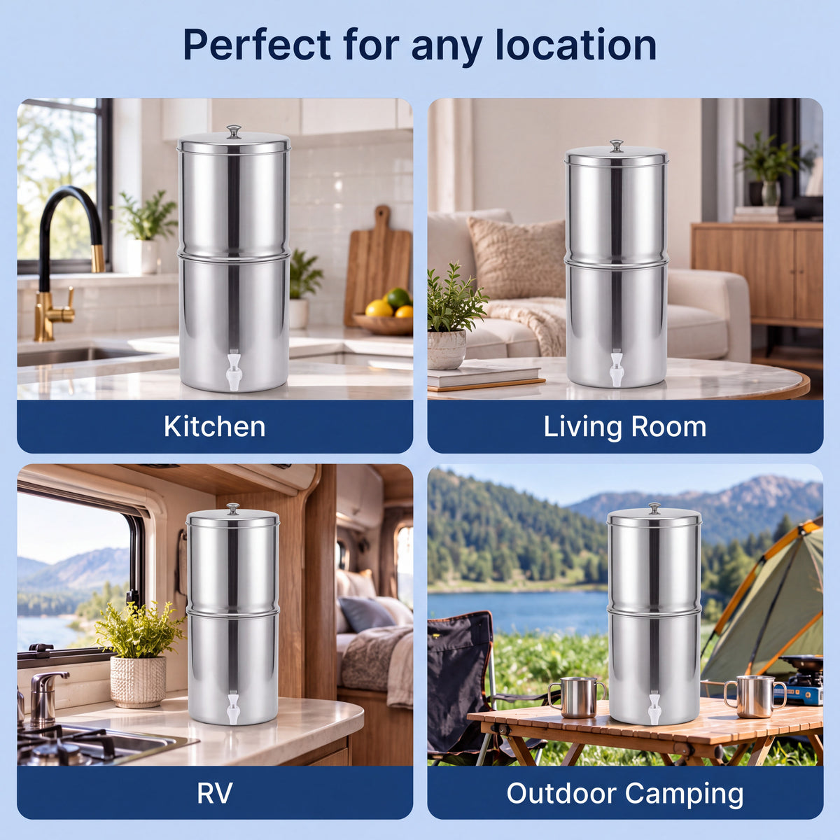 Purroa water filter in a kitchen, living room, RV and at a campsite