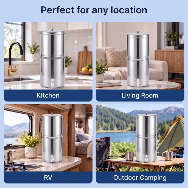 Purroa water filter in a kitchen, living room, RV and at a campsite