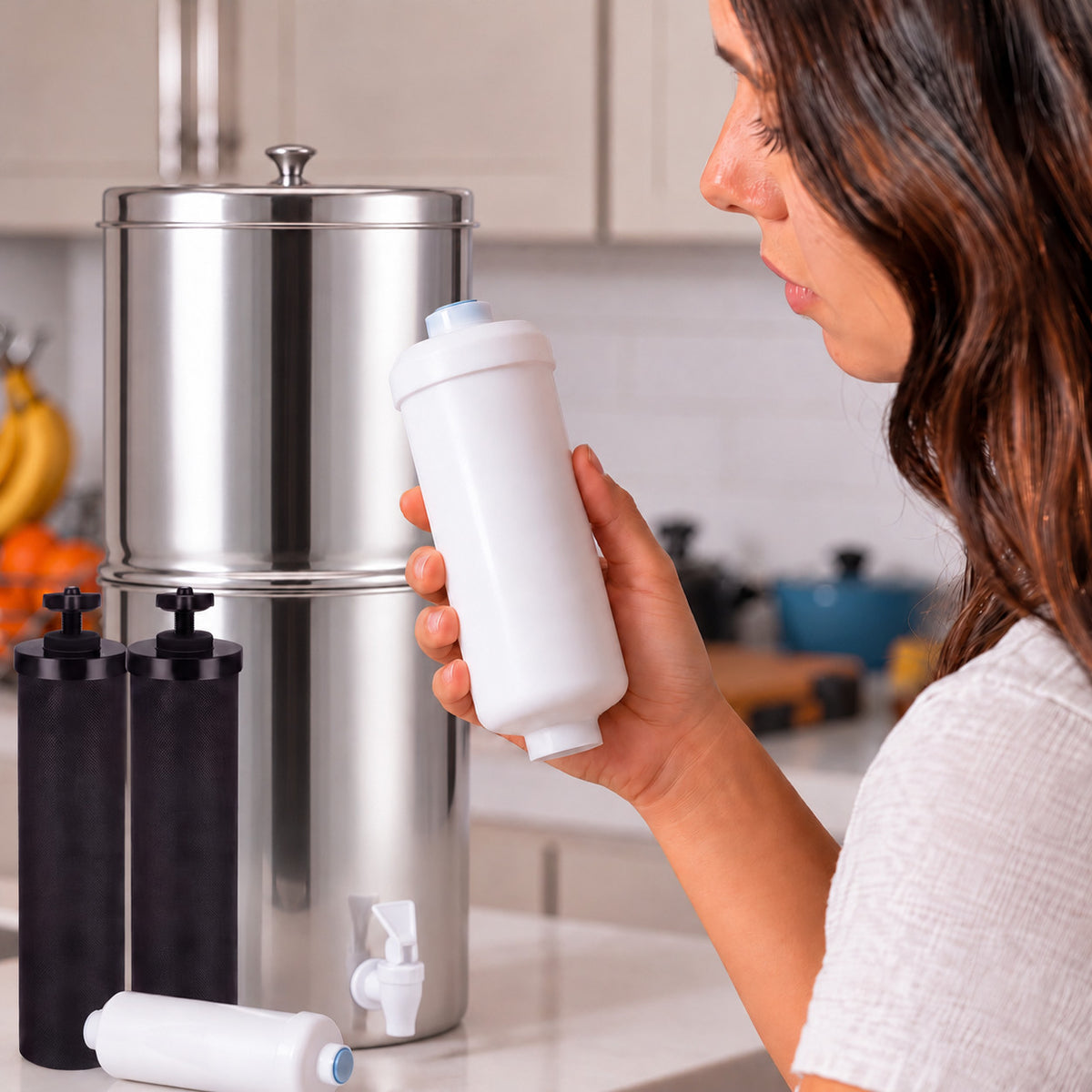 Woman holding a Purroa fluoride reduction filter in the kitchen