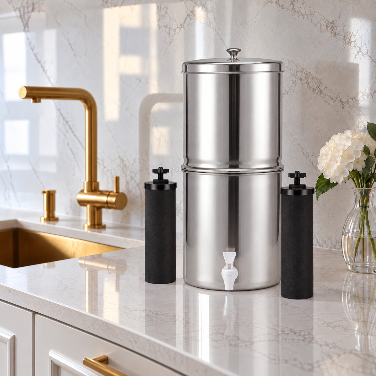 Purroa filter with carbon cartridges on a marble kitchen counter